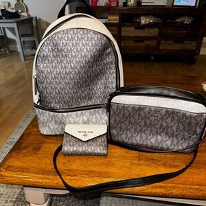 Michael Kors Gray and Black MK Logo Backpack, Crossbody & Wallet Set
